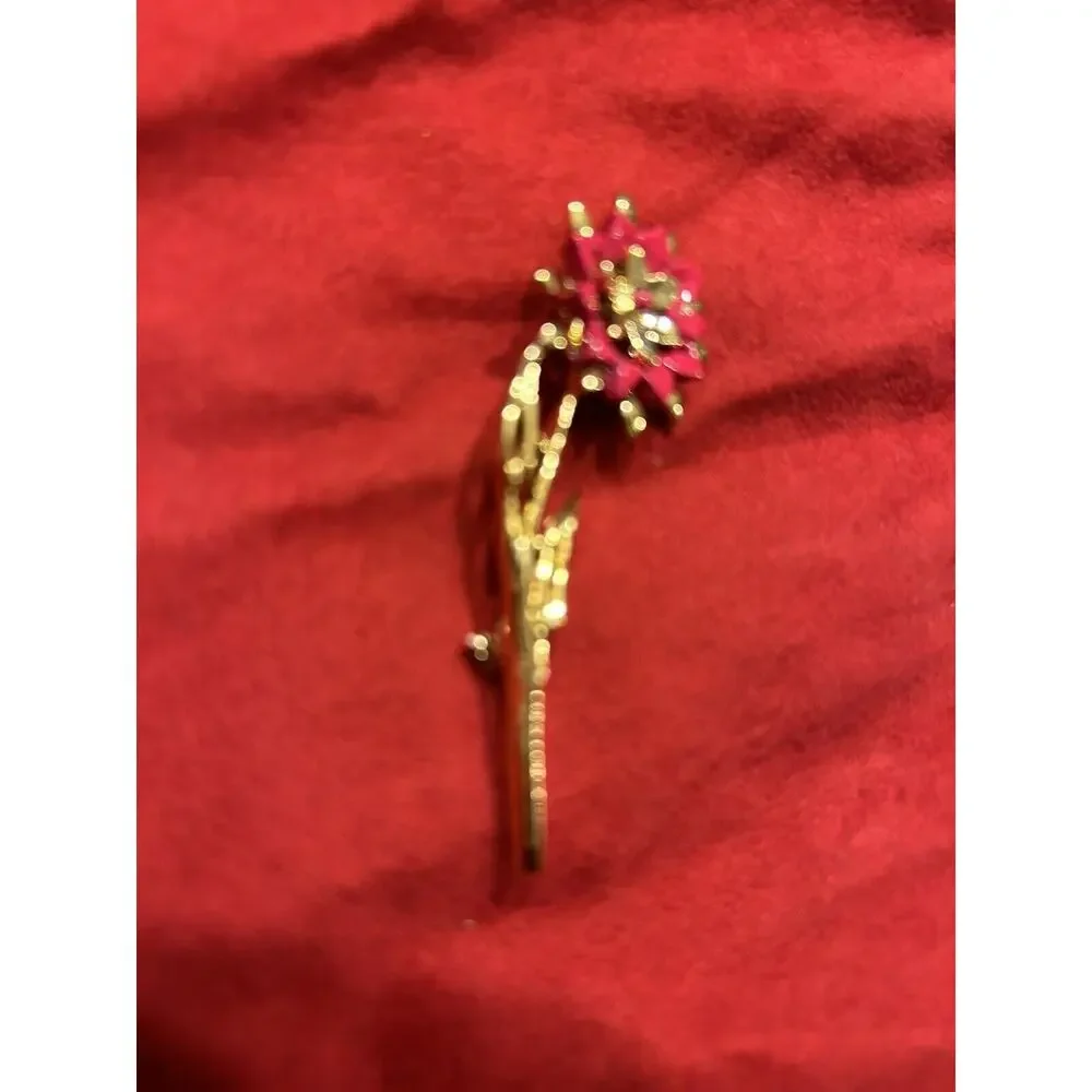Vintage Antique Gold Tone‎ Pin Brooch Single Flower Stem Leaf Pink Enamel Petals
